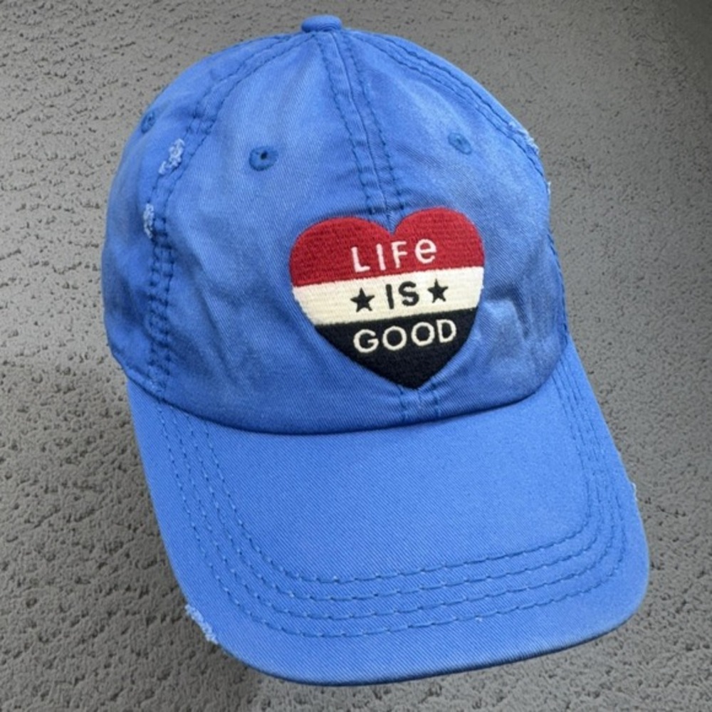 Life Is Good Hat Cap Strap Back‎ Blue Heart Patch Embroidered Distressed